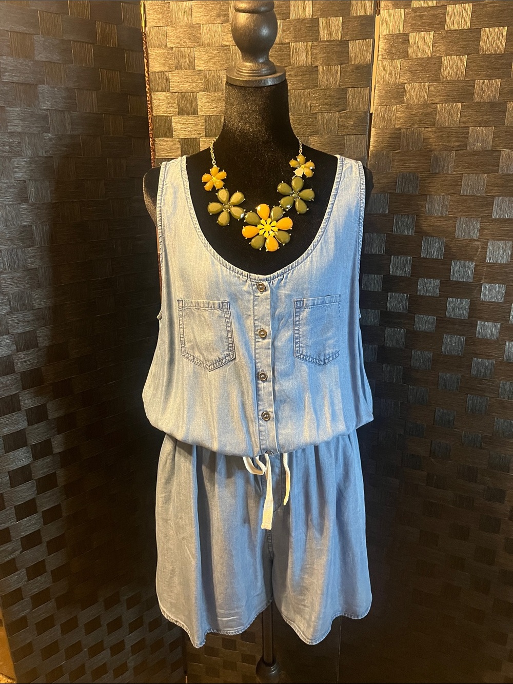 Light Blue Chambray Sleeveless Romper with Drawstring